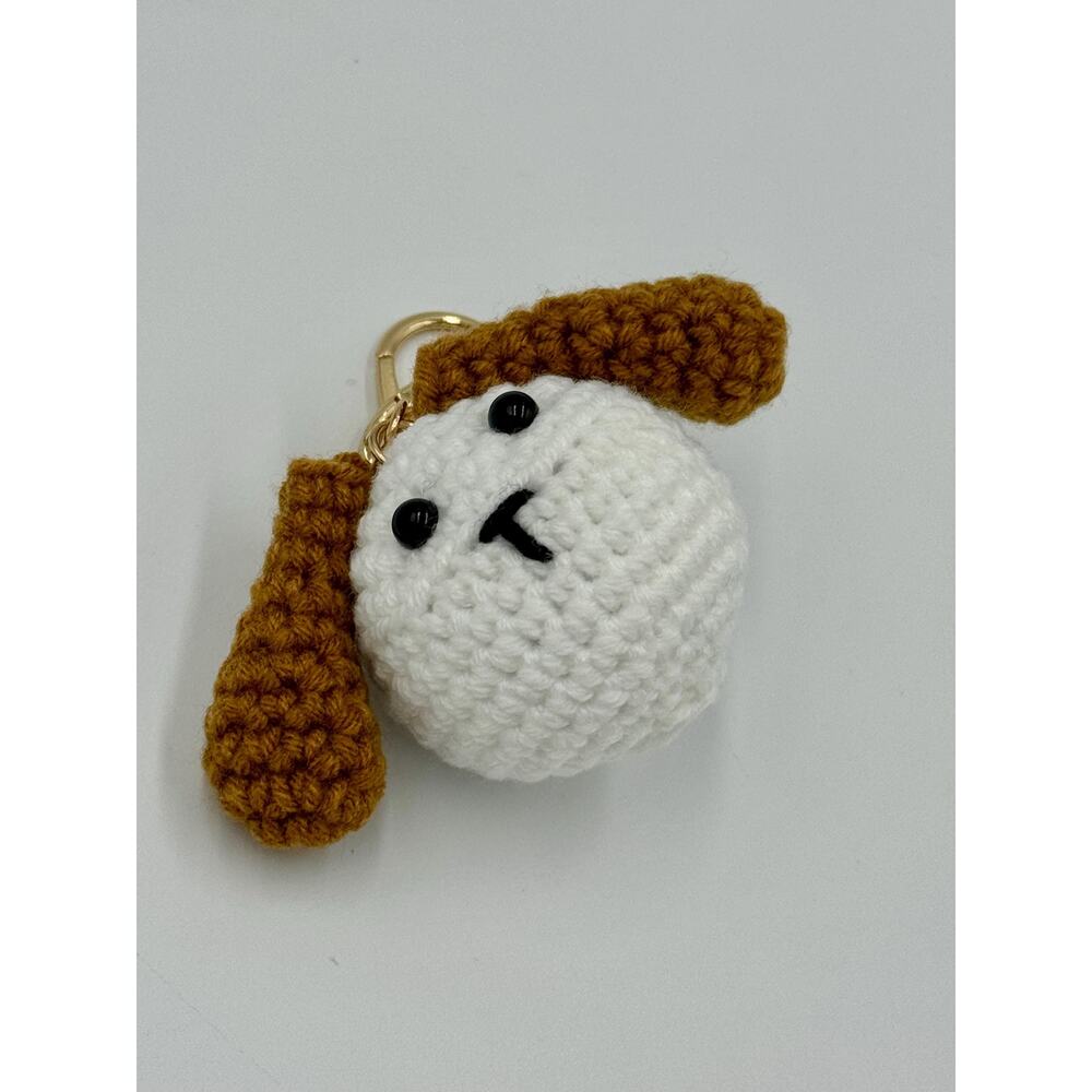 Crochet White And Brown Stuffed Dog Head With Floppy Ears Keychain/Charm